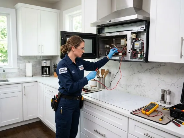 Appliance Repair Hero technician testing an over-the-range microwave in a Adelanto, CA kitchen